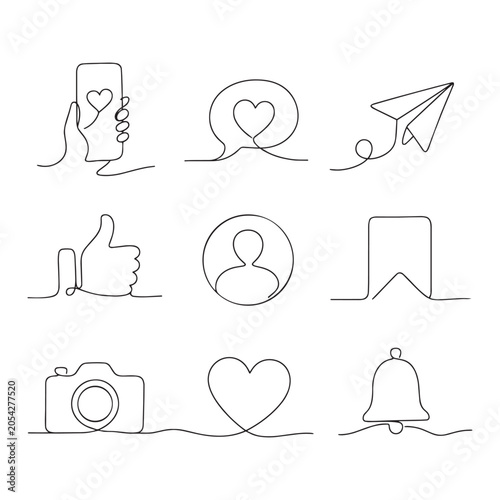 Continuous Line Social Media Icons Set — Heart Phone, Chat Bubble, Paper Plane, Like, Profile, Bookmark, Camera, Bell Vector
