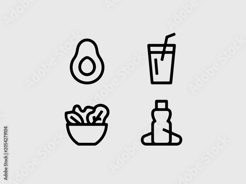 Set of healthy food icons including avocado salad drink and bottle simple line art for nutrition apps and wellness concepts isolated on gray background
