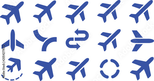 Airplane icons, travel symbols, flight logos, aviation graphics, vector set