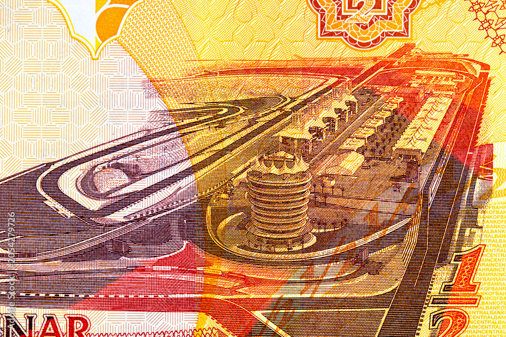 Obraz premium Bahraini half dinar banknote featuring the Bahrain International Formula One racetrack. Bahraini money.