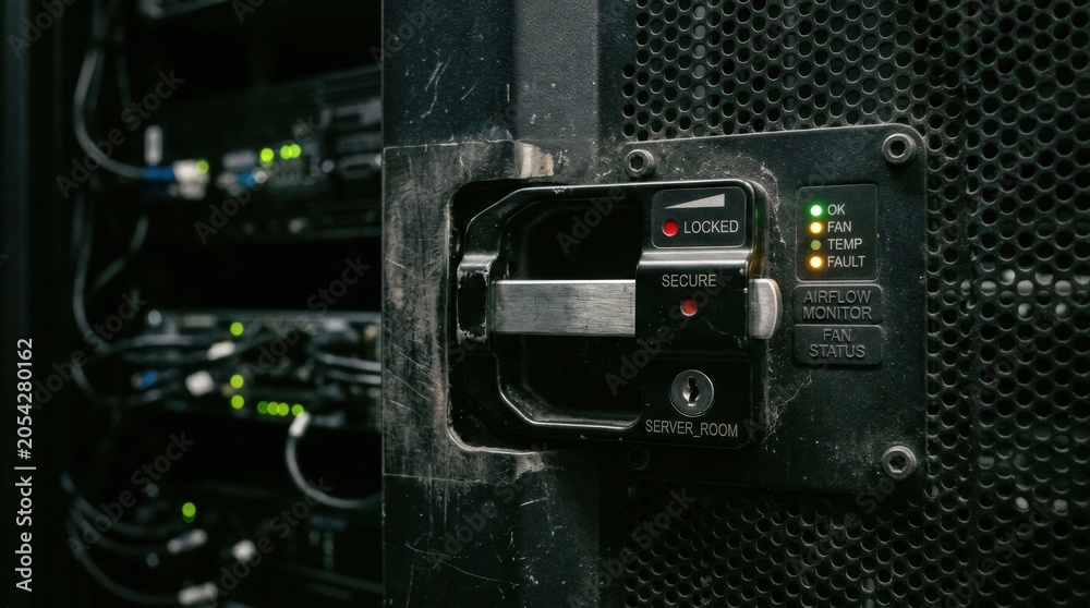 Fototapeta premium Secure server room rack handle with locked indicator lights for it infrastructure security and access control background
