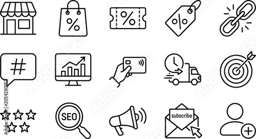 Digital Marketing and E-Commerce Line Icon Set with Store, Discount, SEO, Target, Megaphone, Subscribe, Rating, and Payment Symbols for Business Designs