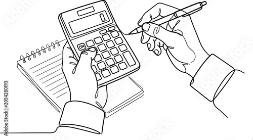 Photos Calculator and notebook line drawing vector illustration with hands, pen, spiral