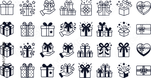 Gift Box Icons Set Vector Collection  Present Package Outline and Solid Line Art Symbols for Holiday Birthday and Celebration Design