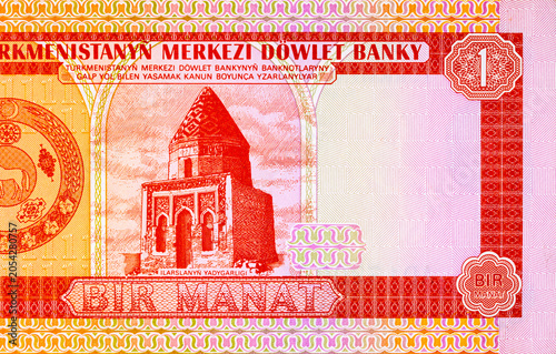 Foto Reverse of 1 Turkmenistan Manat Banknote – Il-Arslan Mausoleum and National Symbols