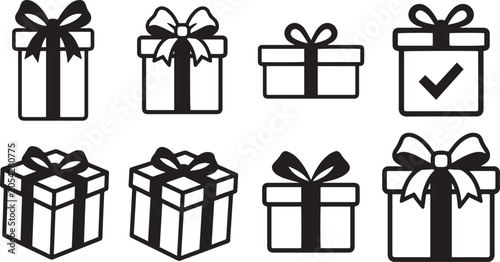 Black and white gift boxes with ribbons and checkmarks for celebration and holiday packaging