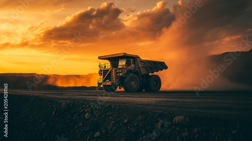 Massive yellow mining truck kicking up dust at sunset