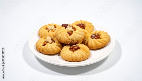Golden dumplings arranged on white plate, one opened to reveal savory filling, pleated design and glossy texture, appetizing culinary presentation…