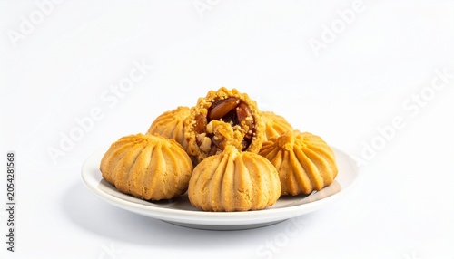 Golden dumplings arranged on white plate, one opened to reveal savory filling, pleated design and glossy texture, appetizing culinary presentation…