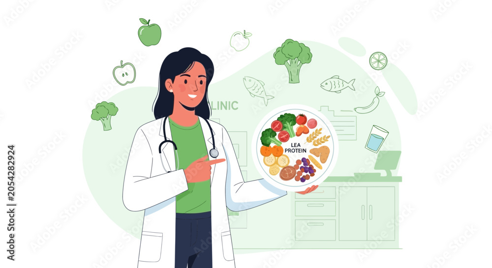 Fototapeta premium HealthyEatingClinicDoctorExplainingNutritionWithFoodPlate