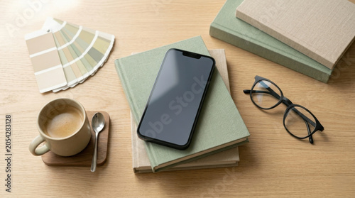 Creative Workspace Flat Lay with Books and Accessories