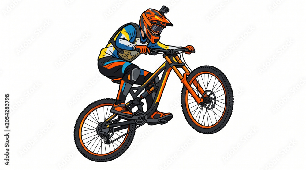 Naklejka premium Mountain biker performing high jump on professional downhill bike isolated illustration of extreme sport cycling action