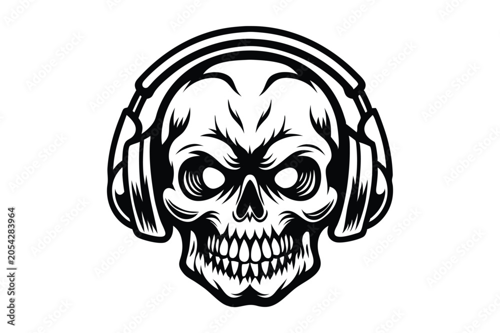 Fototapeta premium Dynamic Skull with Headphones Vector Illustration, Energetic Music Design