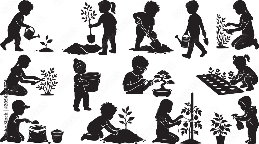 Obraz premium Children planting and gardening silhouettes, diverse actions and plants isolated on white background, Vector