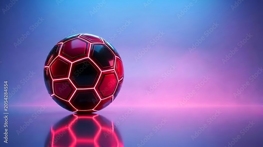 Naklejka premium Futuristic neon soccer ball with glowing hexagonal panels on reflective surface, vibrant cyberpunk style sports equipment