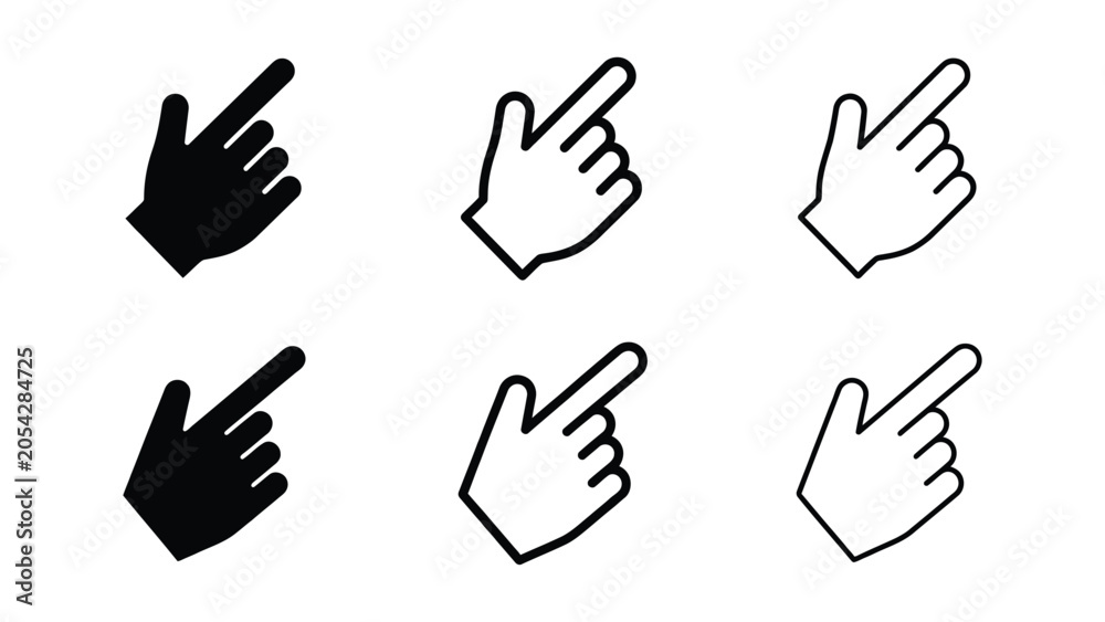 Fototapeta premium Hand cursor icons, Pointer clicking silhouette vector, bold outline and line art design
