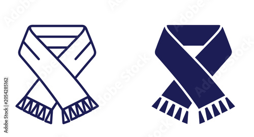 Foto Two graphic icons depicting a winter scarf, one in outline and one in solid blue fill, with fringed ends