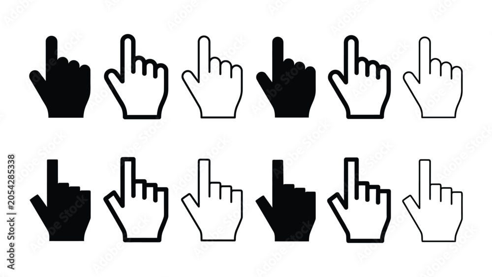 Fototapeta premium Hand cursor icons, Pointer clicking silhouette vector, bold outline and line art design