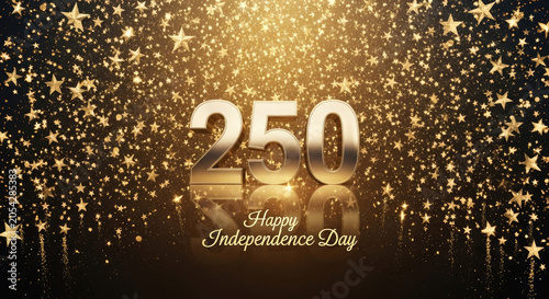 Luxury Gold 250 Happy Independence Day Background with Golden Glitter and Falling Stars Confetti