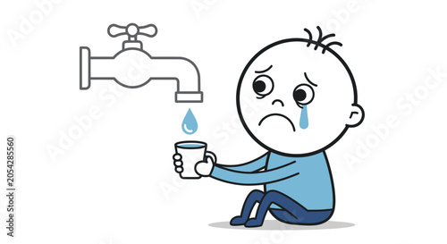 Quadro su tela Sad child holding empty cup under dripping faucet.