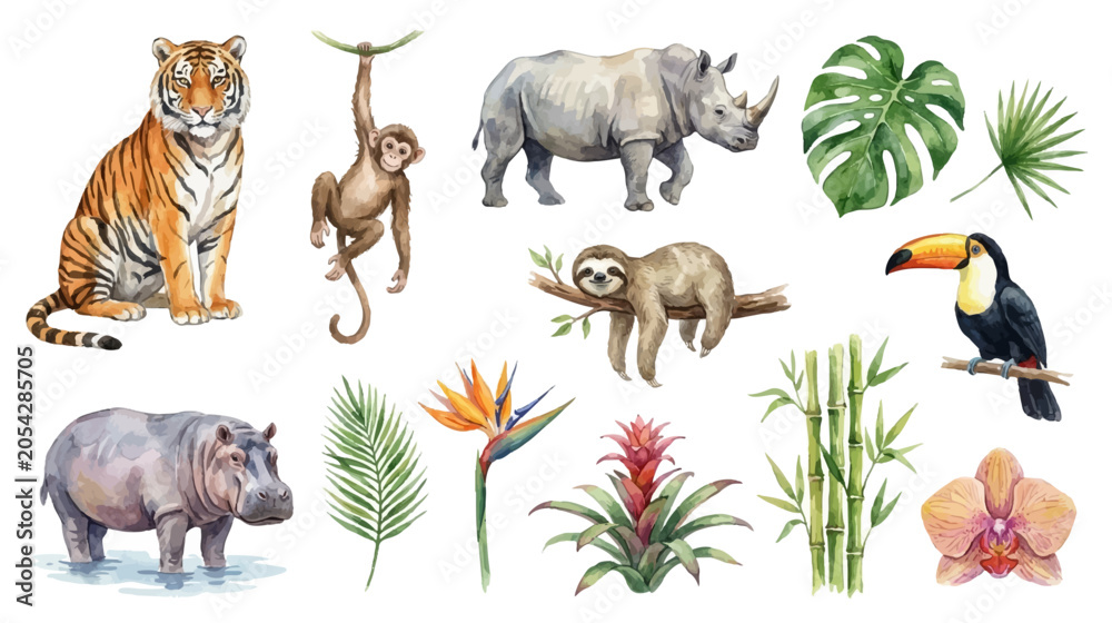 Fototapeta premium Hand painted rainforest nature collection with wild animals and tropical foliage isolated on white. Collection of Vector illustrations for invitation, card, poster, banner, decoration