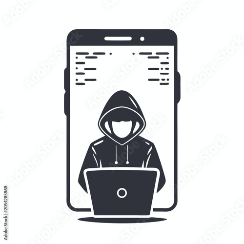 Digital Crime Scene: Mysterious Figure Hacking a Smartphone Screen Silhouette