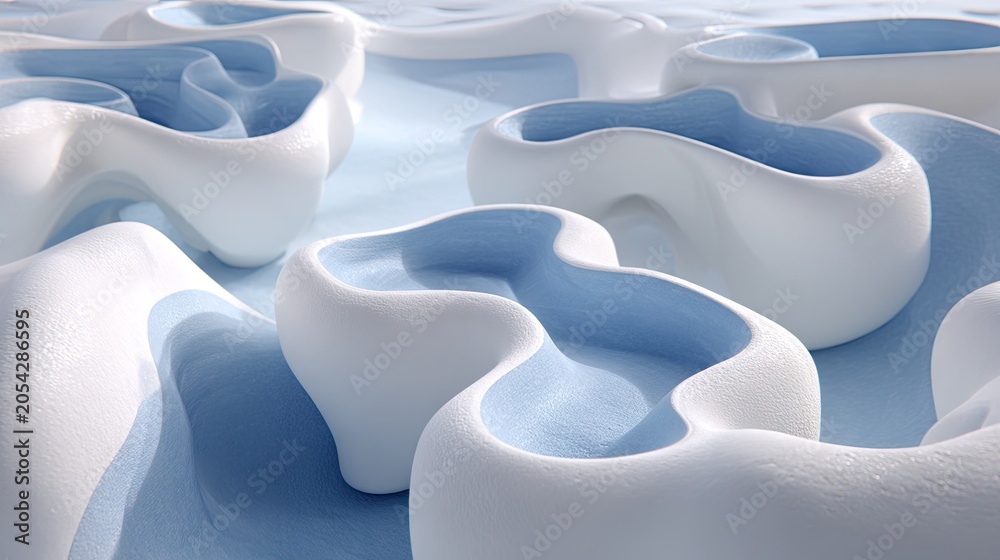 Obraz premium Abstract composition features undulating white structures cradling light blue textured depressions.