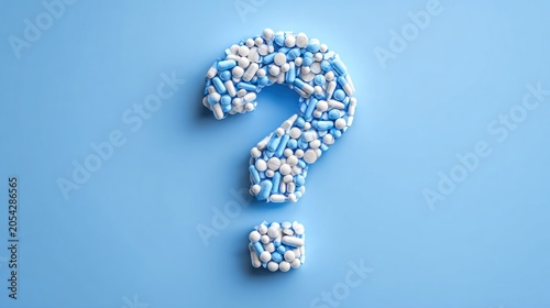 Question mark made of pills against a blue backdrop representing health issues