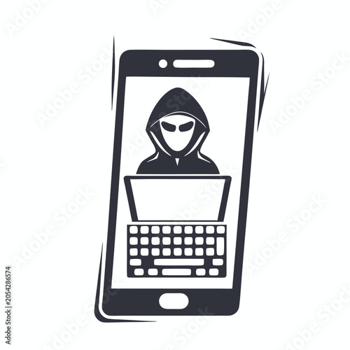 Mobile Phone with Hacker Silhouette on Screen Depicts Digital Espionage and Online Privacy Concerns.