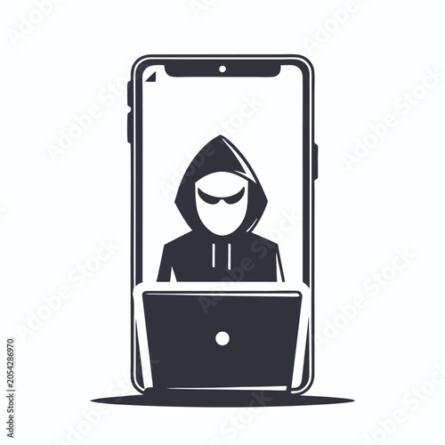 Mobile Hacking Threat: Anonymous Silhouette of Hacker on Smartphone Screen, depicting Cyber Security Alert.
