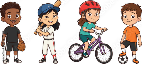 Diverse Kids Sports and Outdoor Activities Cartoon Character Vector Collection Featuring Baseball, Bicycle Riding, Soccer, and Basketball Gear for Children Education Designs