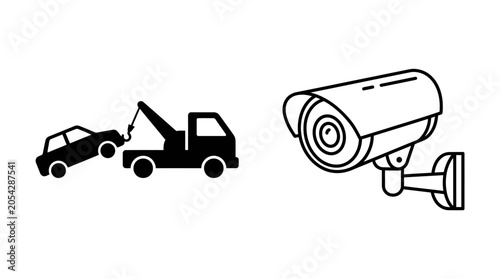 Tableau sur toile Security Camera And Tow Truck Silhouettes On White Background