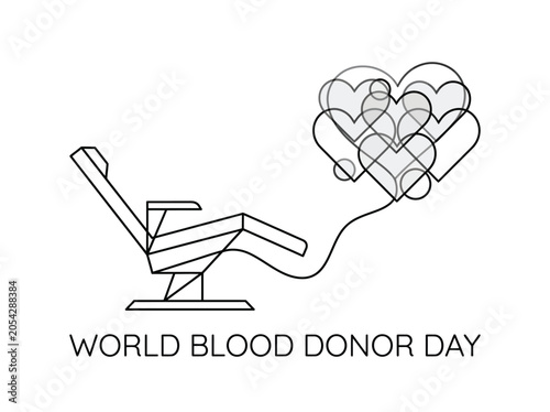 World blood donor day banner with donor chair hearts on transparent background thin line art style.