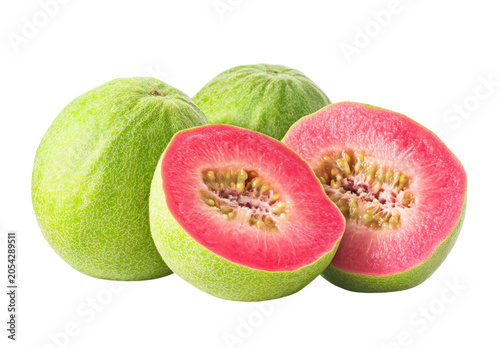 Fresh whole and sliced organic pink guavas isolated on a transparent background studio shot.