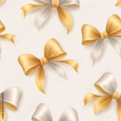 Pattern displays bows in gold and silver arranged evenly on a light surface