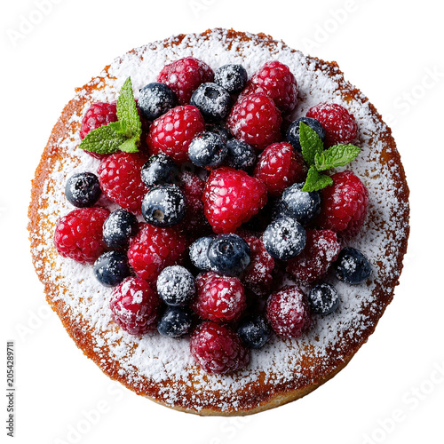 Plain cake toped with berries and powder sugar, isolated on white background. Top view