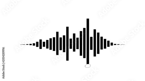 A black and white graphic representation of an audio waveform, illustrating sound intensity over time.