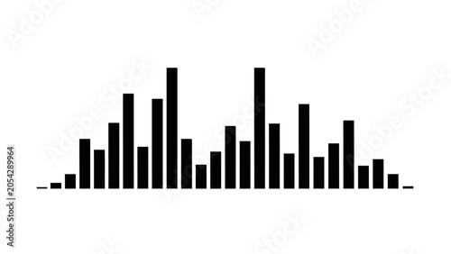 A black and white graphic representation of an audio waveform, displaying varying bar heights to indicate sound intensity.