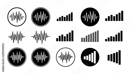 Fotografie Collection of audio waveform and volume level icons, presented in various circular and bar graph formats, in black and white