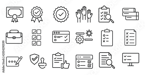 Fotografie Legal system outline icons set certification official document operational rule quality assurance seal ribbon briefcase & more vector illustration with editable stroke