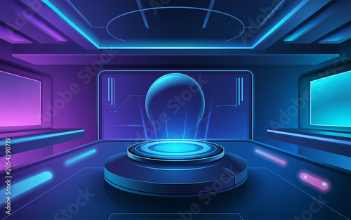 Futuristic blue and purple neon lit room with glowing light bulb on pedestal