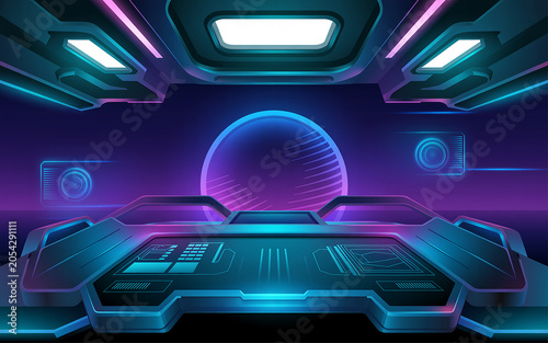 Futuristic control panel with neon lights and purple background in a spaceship cockpit interior