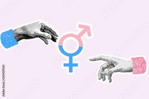 Bild auf Leinwand Gender equality symbol with reaching hands mixed media illustration
