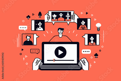 Online Meeting Illustration With Multiple Screens And Handheld Devices