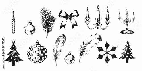 Vintage engraving collection of christmas ornaments and decorative elements