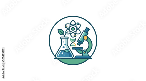 Scientific research circle badge with microscope dna and flask icon for laboratory studies.