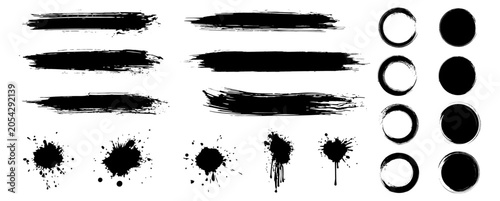 Set of paint brush stroke, grunge brush, ink splatter and artistic design elements. Ink splashes. Watercolor splatter, ink splash and creative shape for social media. Vector Design 