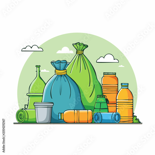 Recycling bags and plastic bottles illustration