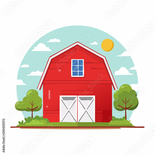 Red Barn with Trees and Sunny Sky
