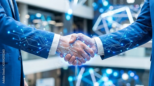 Two business professionals in modern office shaking hands with digital technology overlay, symbolizing partnership and innovation